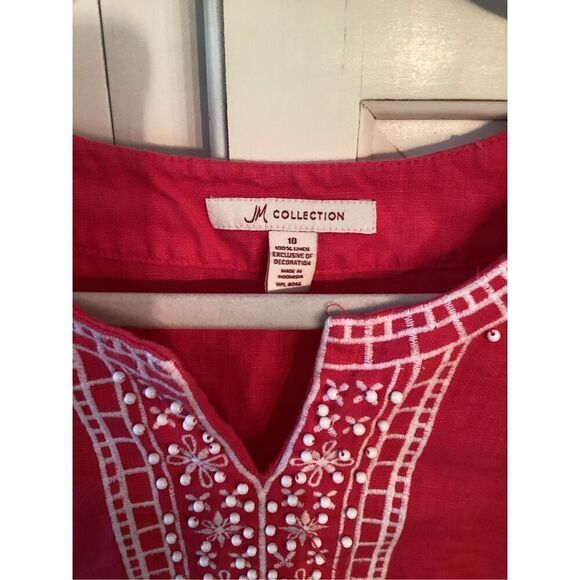 JM Collection 100% Flax Linen Embroidered Top Sz 10 Pink - Picture 2 of 9